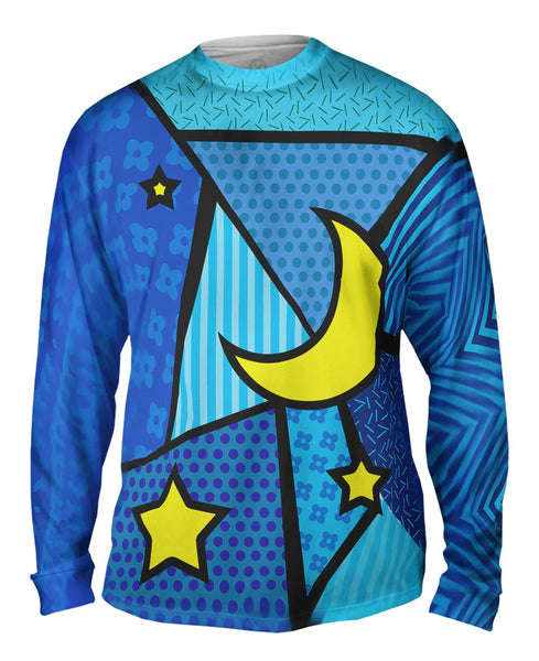 Moon and Stars on Blue Mens Long Sleeve