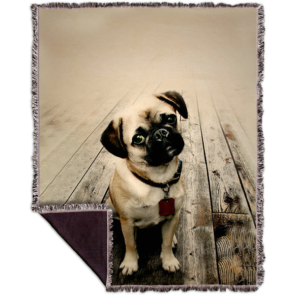 Vintage Wood Pug Woven Tapestry Throw
