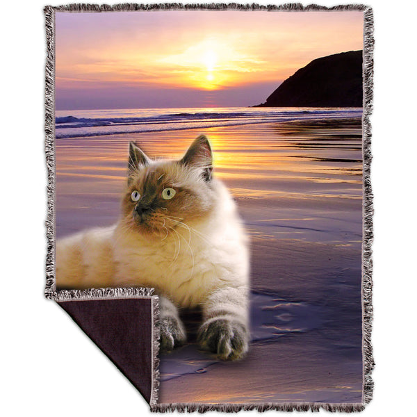 Beach Beauty Kitty Cat Woven Tapestry Throw