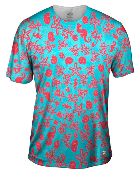 Beach Day Seahorse Coral Pattern Mens T-Shirt
