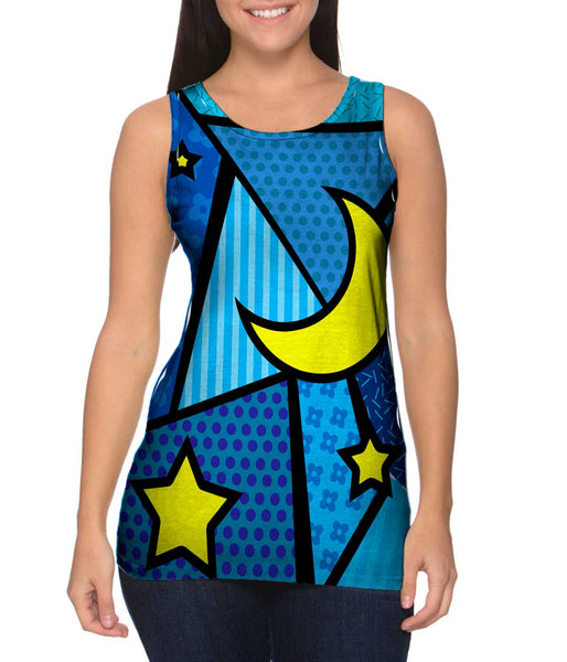 Moon and Stars on Blue Womens Tank Top