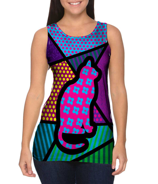 Cat on Pink and Blue Womens Tank Top