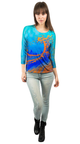 Pop Art Hokusai - "The Great Wave Orange Blue " (1830)&nbsp;Womens 3/4 Sleeve