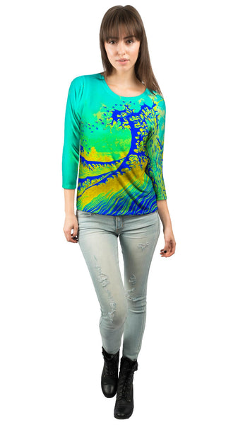 Pop Art Hokusai - "The Great Wave Blue Yellow" (1830) Womens 3/4 Sleeve