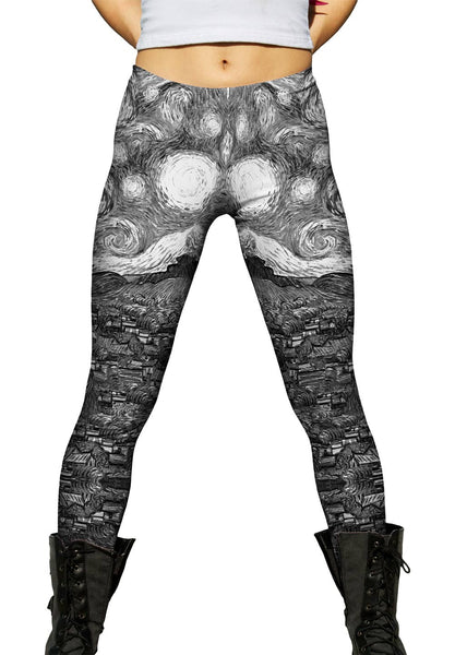 Pop Art - "Van Gogh Starry Night Black White" (1889) Womens Leggings