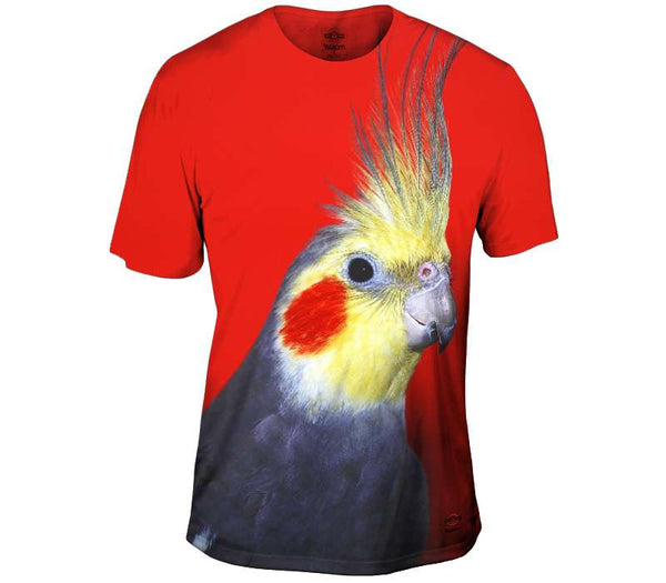 Curious Cockatiel on Red Mens T-Shirt