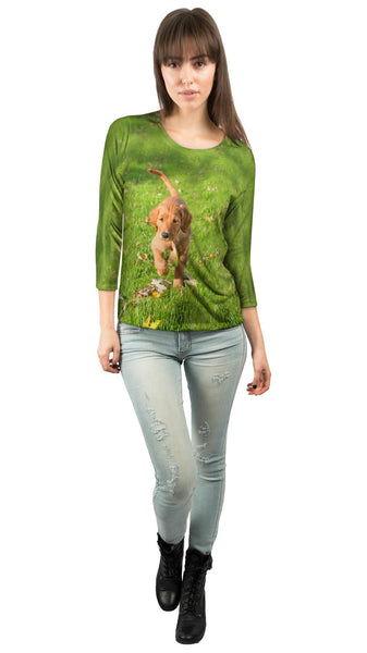 Golden Lab Kicking Leaves Womens 3/4 Sleeve