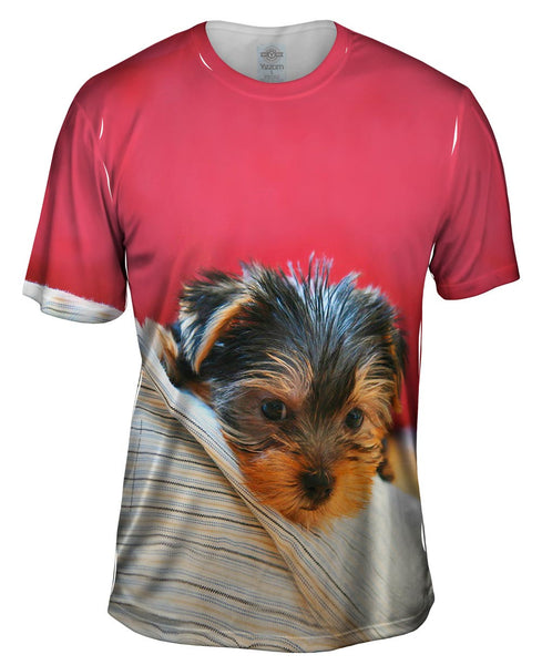 Yorkie On Bed Mens T-Shirt