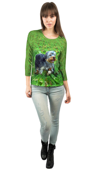 Curly Haired Yorkie Running Womens 3/4 Sleeve