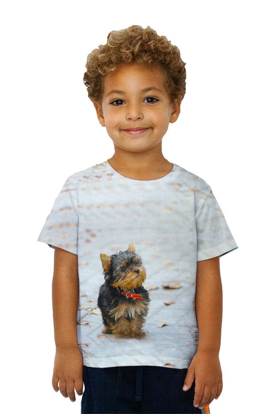 Kids Curious Yorkie Puppy Kids T-Shirt