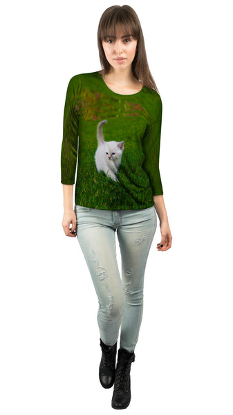 White Lawn Kitty Cat&nbsp;Womens 3/4 Sleeve
