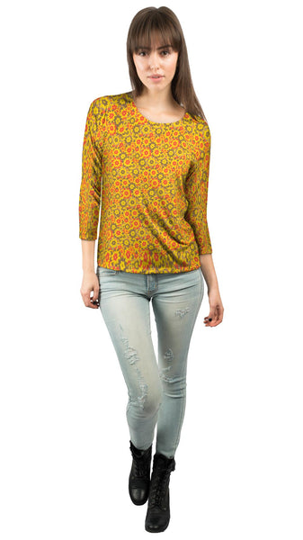 Flower Yellow Red Brown Womens 3/4 Sleeve