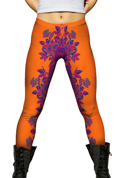 Floral Print Orange Womens Leggings