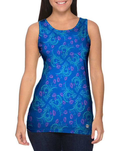 Garden Flower Blue Pink Foliage Pattern Womens Tank Top