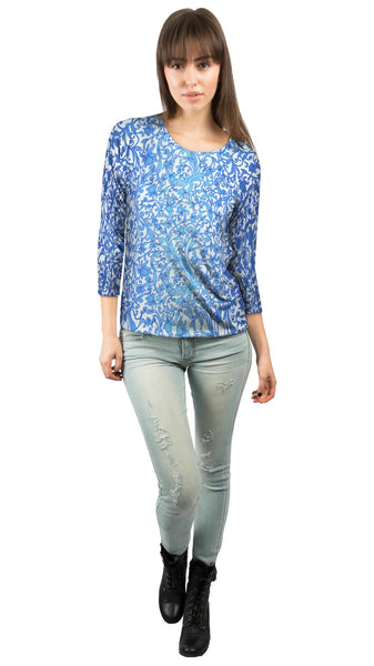 Swirl Flower Navy Turquoise Pattern&nbsp;Womens 3/4 Sleeve