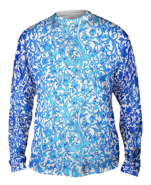 Swirl Flower Navy Turquoise Pattern Mens Long Sleeve