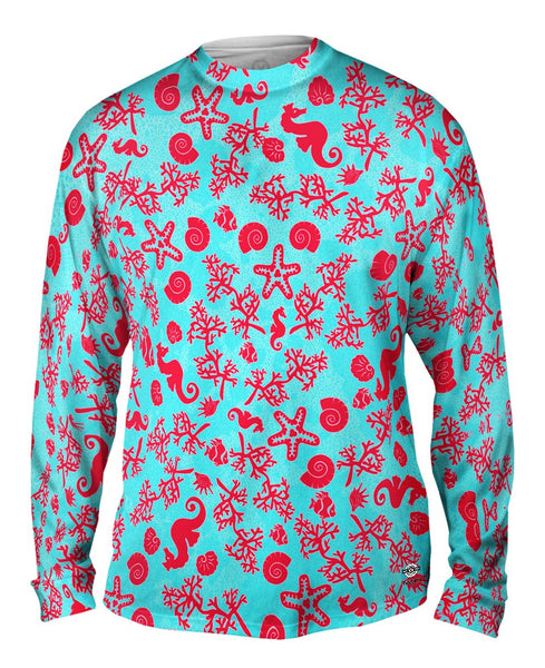 Beach Day Seahorse Coral Pattern Mens Long Sleeve