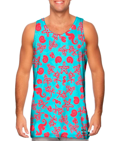Beach Day Seahorse Coral Pattern Mens Tank Top