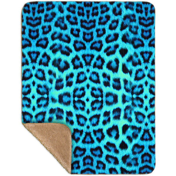Neon Blue Leopard Animal Skin Sherpa Blanket