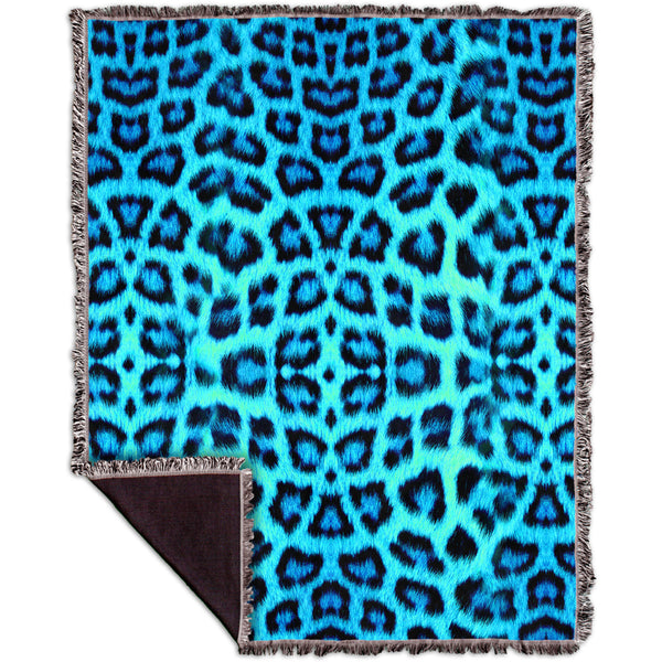 Neon Blue Leopard Animal Skin Woven Tapestry Throw